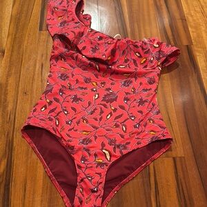 Ulla Johnson One-Shoulder Red Floral Swimsuit